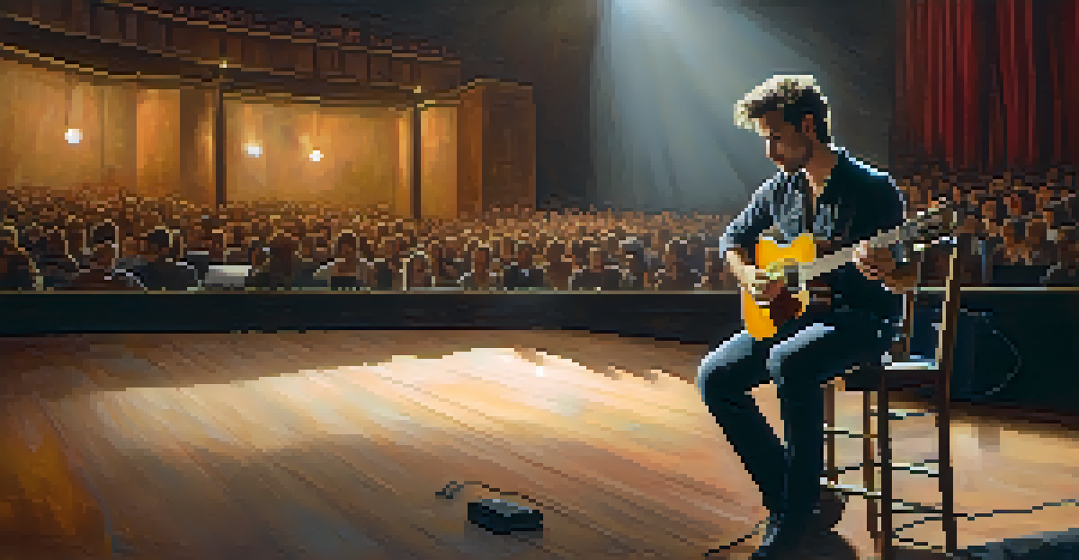 A guitarist sitting on stage in a spotlight, focused and preparing mentally for a performance, with an empty audience behind.