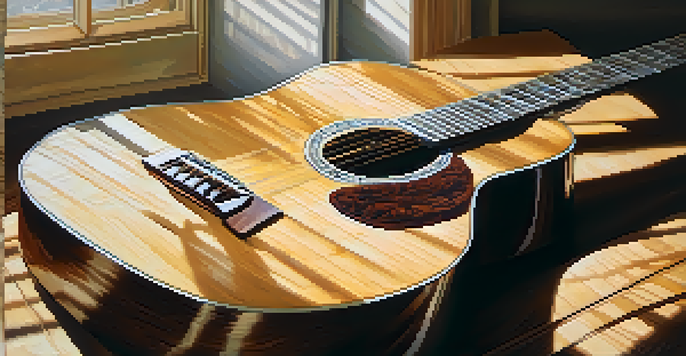 A close-up view of an acoustic guitar on a wooden table with handwritten music notes.