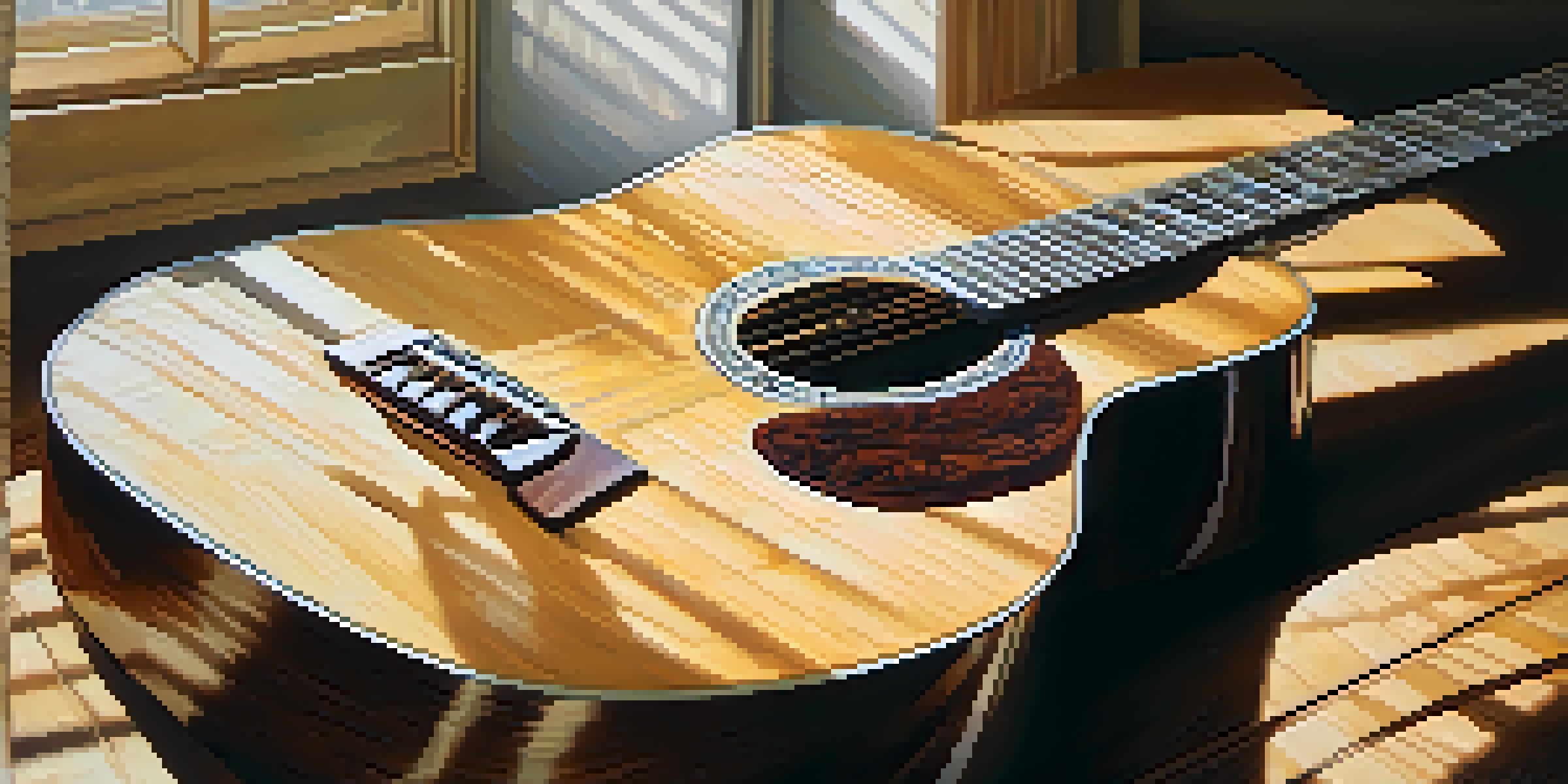 A close-up view of an acoustic guitar on a wooden table with handwritten music notes.