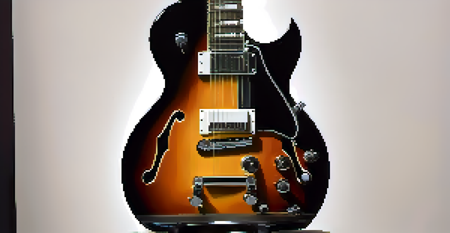 A solid body guitar on a black stand against a dark background, showcasing its glossy finish and vibrant colors.