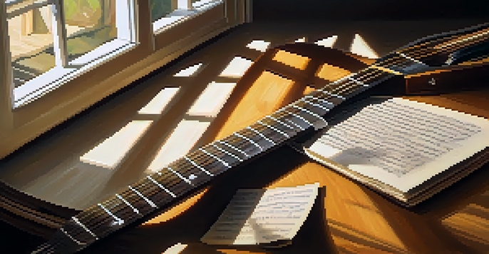 A close-up view of an acoustic guitar on a wooden table with handwritten poetry sheets around it, illuminated by warm sunlight.
