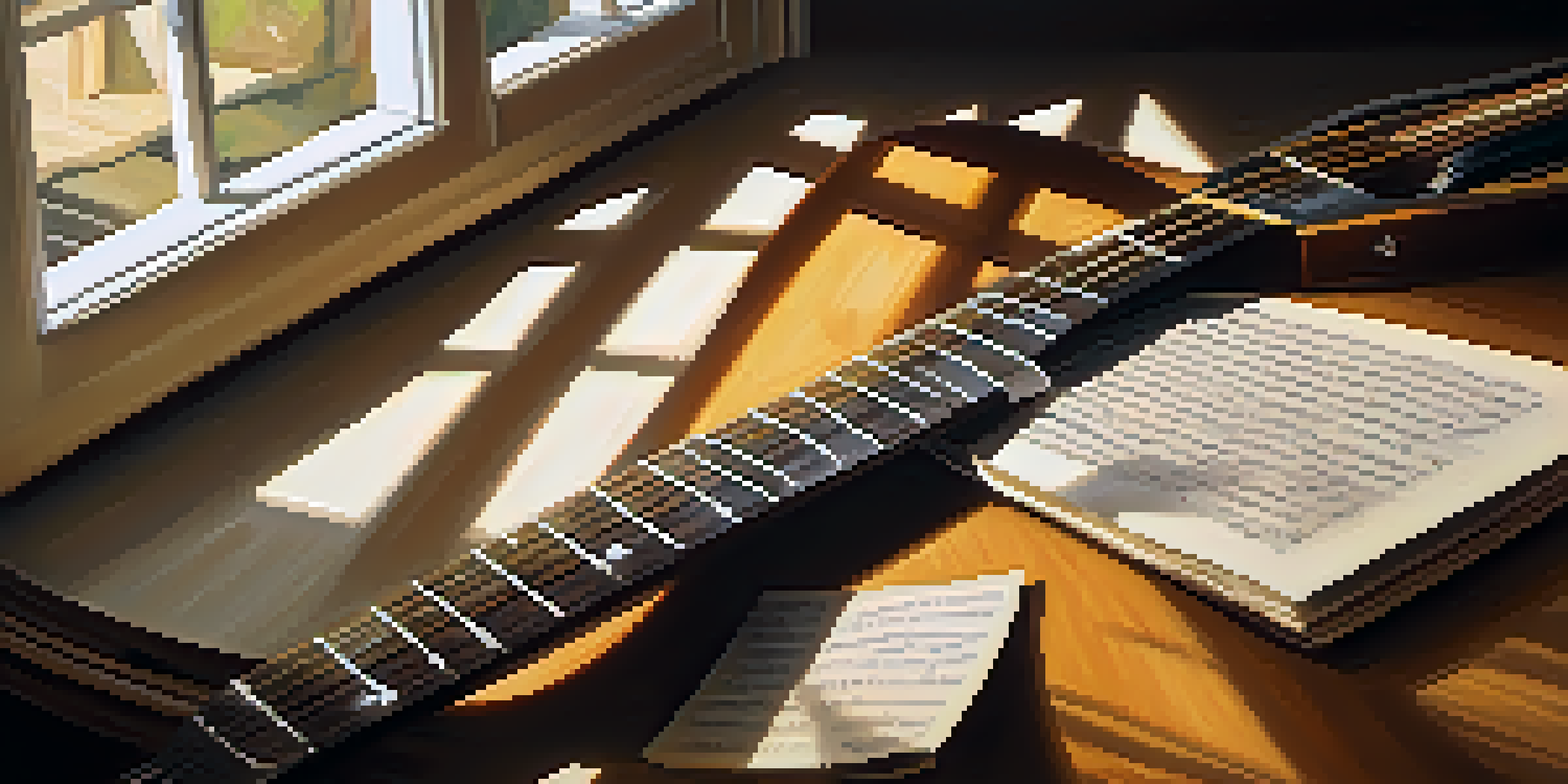 A close-up view of an acoustic guitar on a wooden table with handwritten poetry sheets around it, illuminated by warm sunlight.
