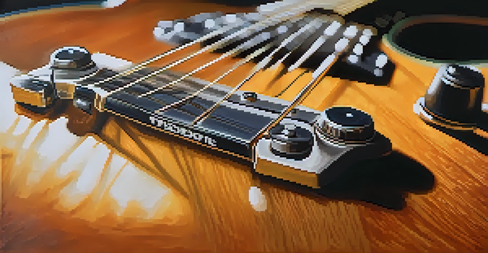 A vintage electric guitar on a wooden stage with warm lighting and a blurred audience in the background.