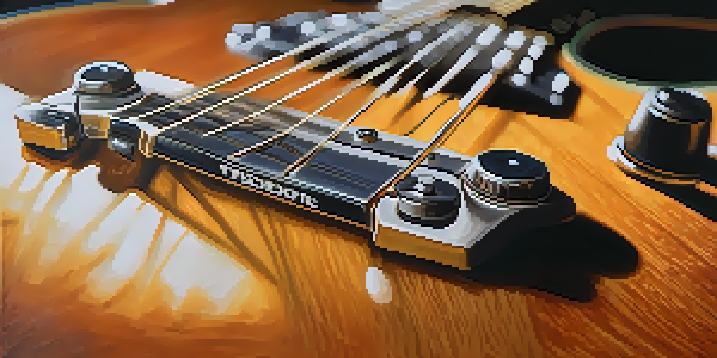 A vintage electric guitar on a wooden stage with warm lighting and a blurred audience in the background.