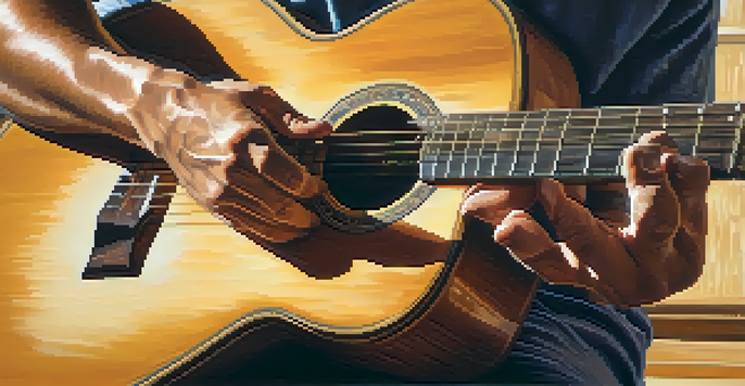 Close-up of a guitarist's hands playing an acoustic guitar with sunlight filtering through a window.