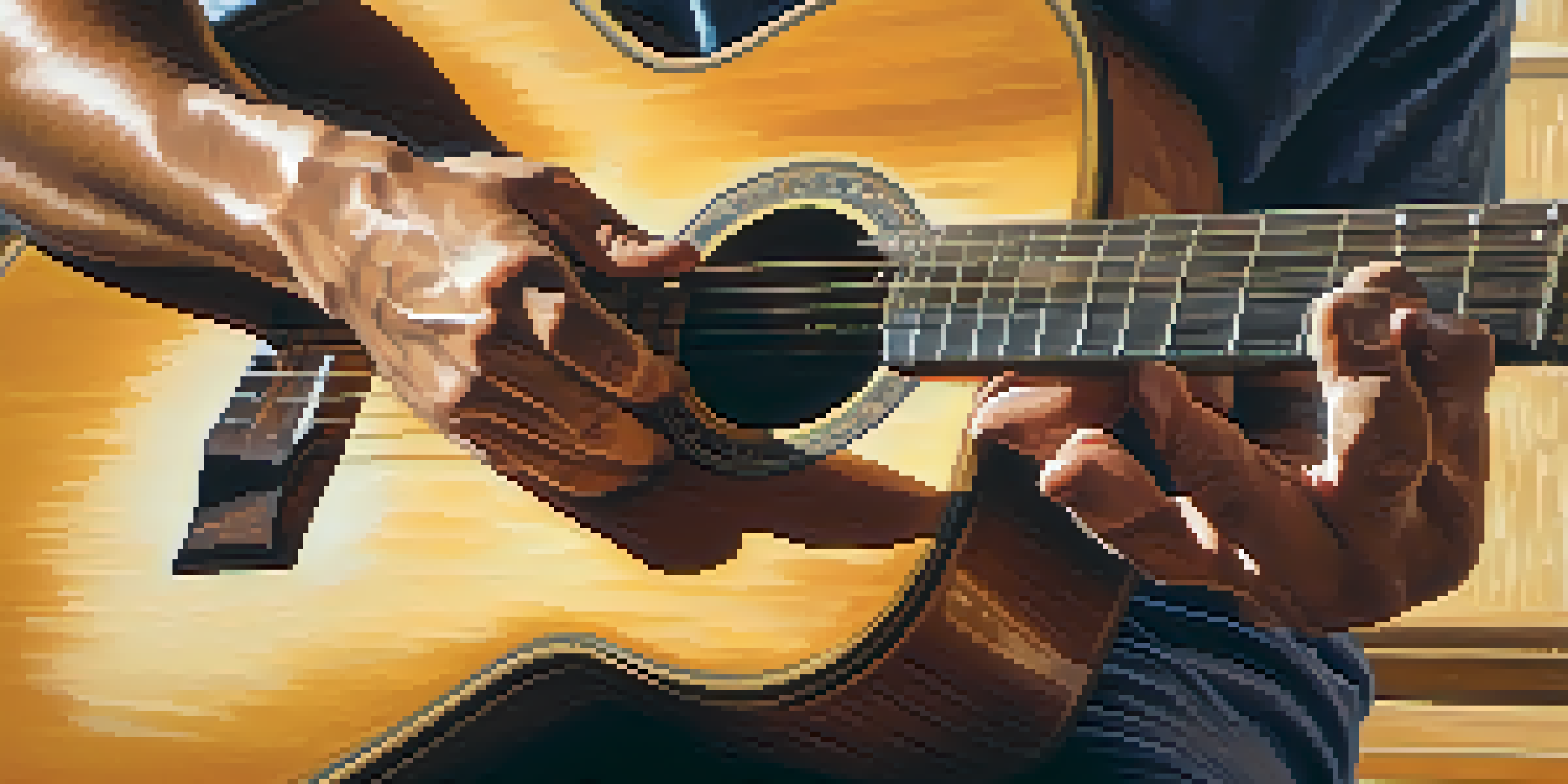 Close-up of a guitarist's hands playing an acoustic guitar with sunlight filtering through a window.