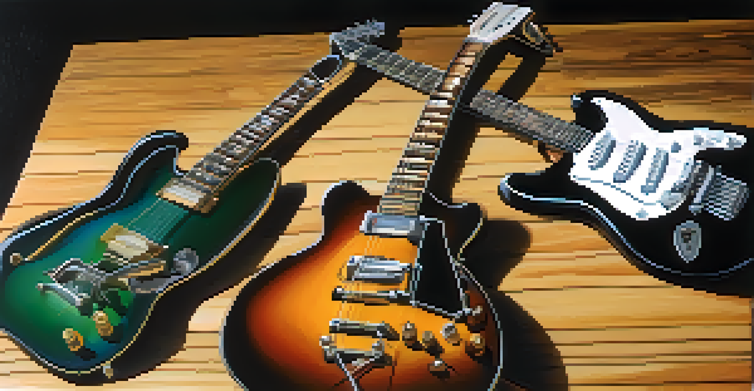 A collection of different guitar slides displayed on a wooden table, showcasing their various materials and colors under dramatic lighting.