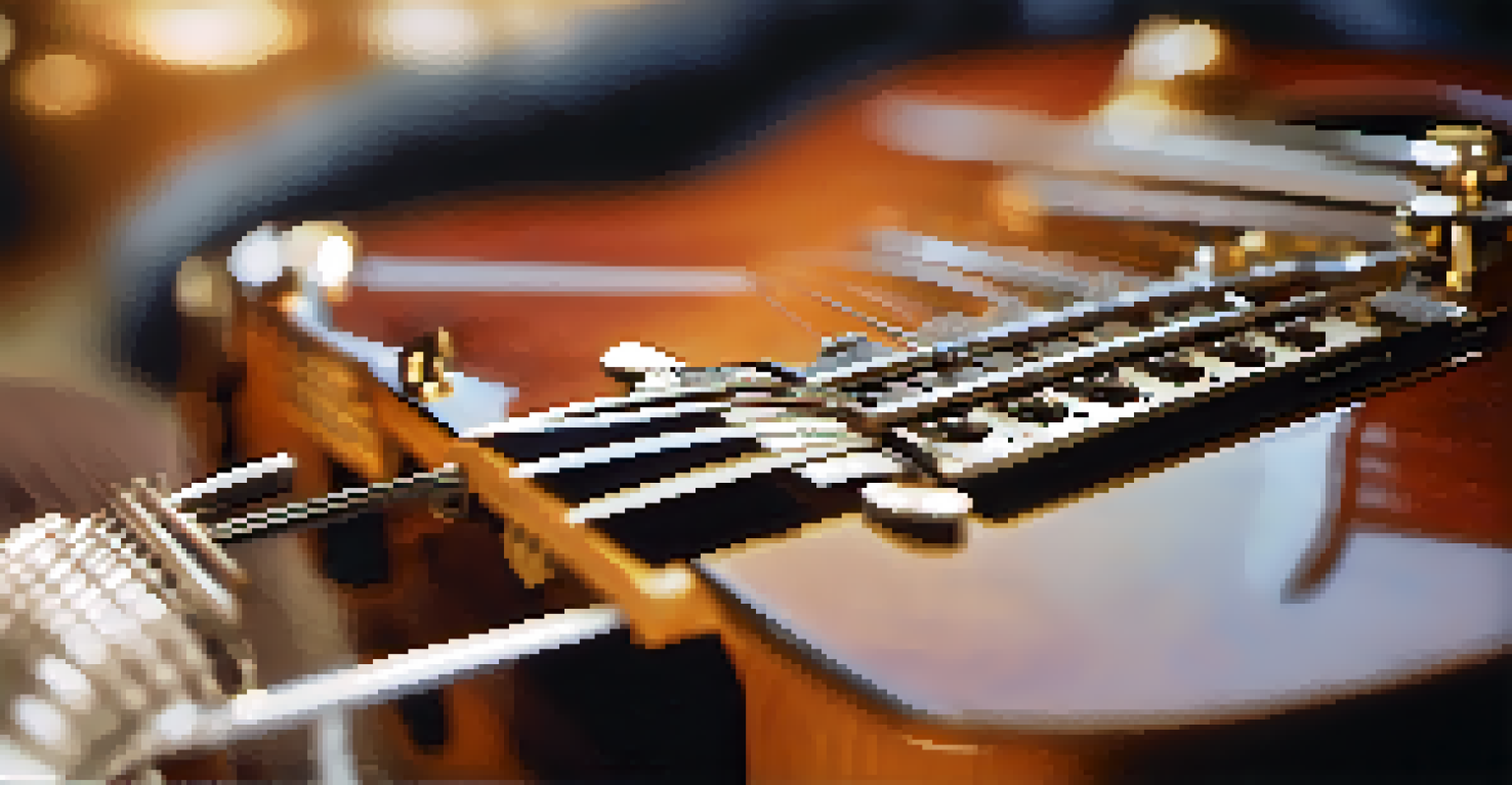 A close-up of a guitar's automatic tuning system with strings adjusting, set in a cozy practice space.