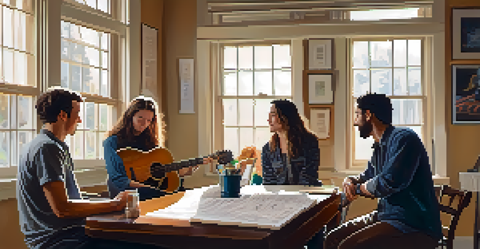 Three musicians collaborating in a warm, cozy room filled with instruments.
