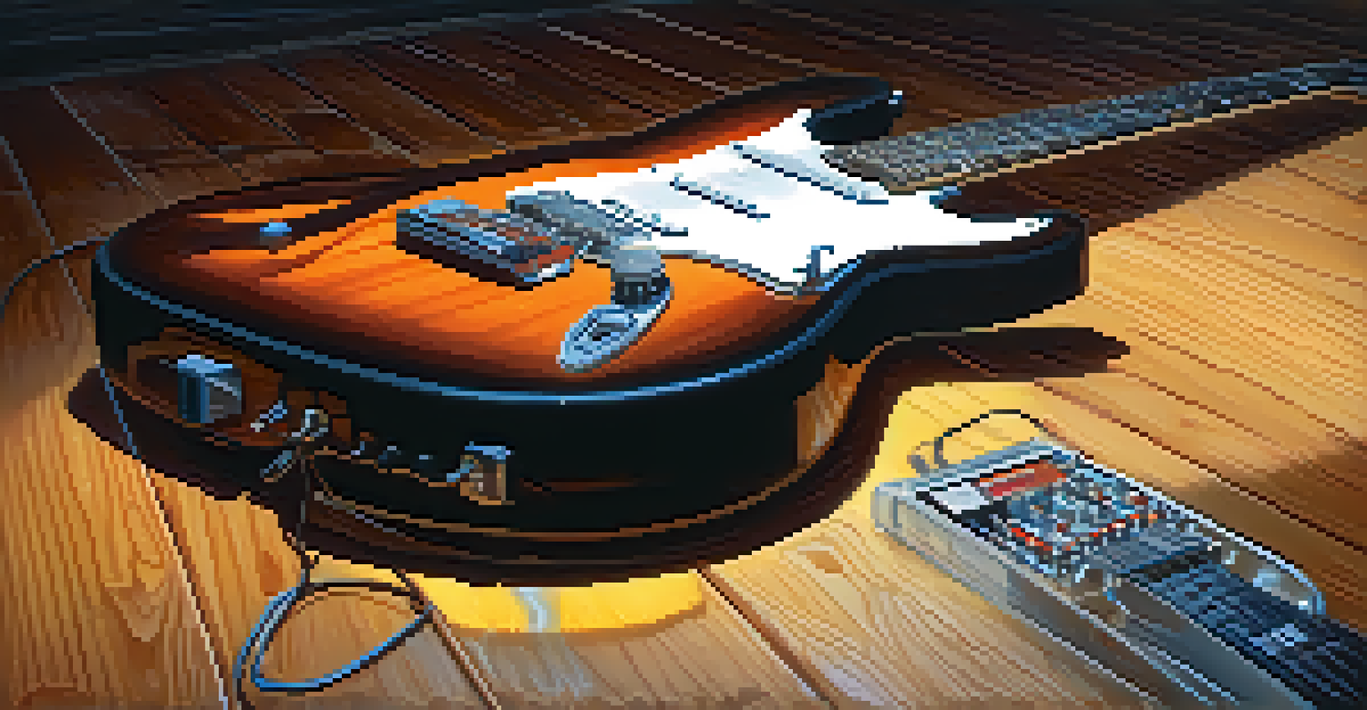 An electric guitar surrounded by colorful effects pedals on a wooden floor.