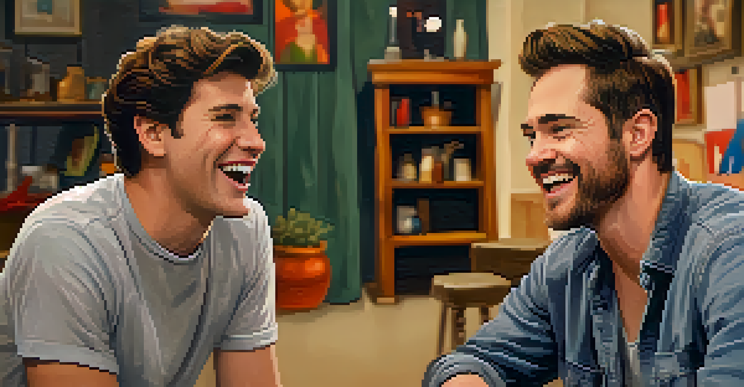 Close-up of two actors in an improv workshop, sharing a light-hearted moment with animated expressions, in a cozy room filled with props.