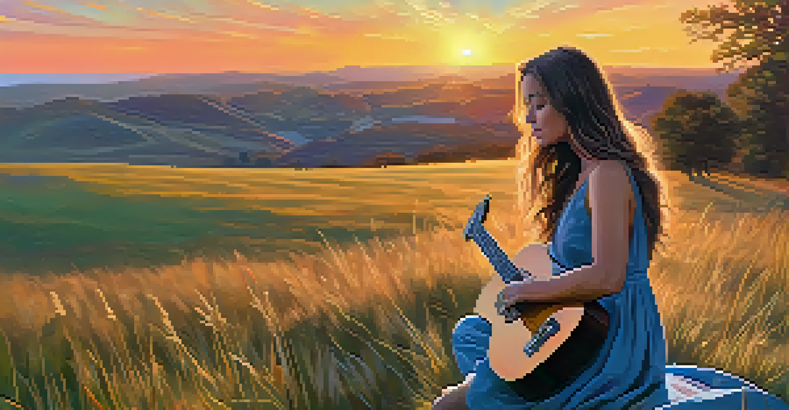 A young woman playing guitar on a grassy hill at sunset, with vibrant colors in the sky.