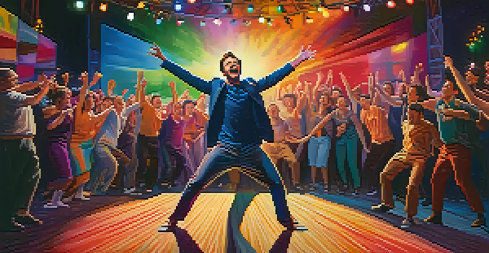 An actor on stage in an improv performance, surrounded by colorful lights and an engaged audience, showcasing dramatic expressions.