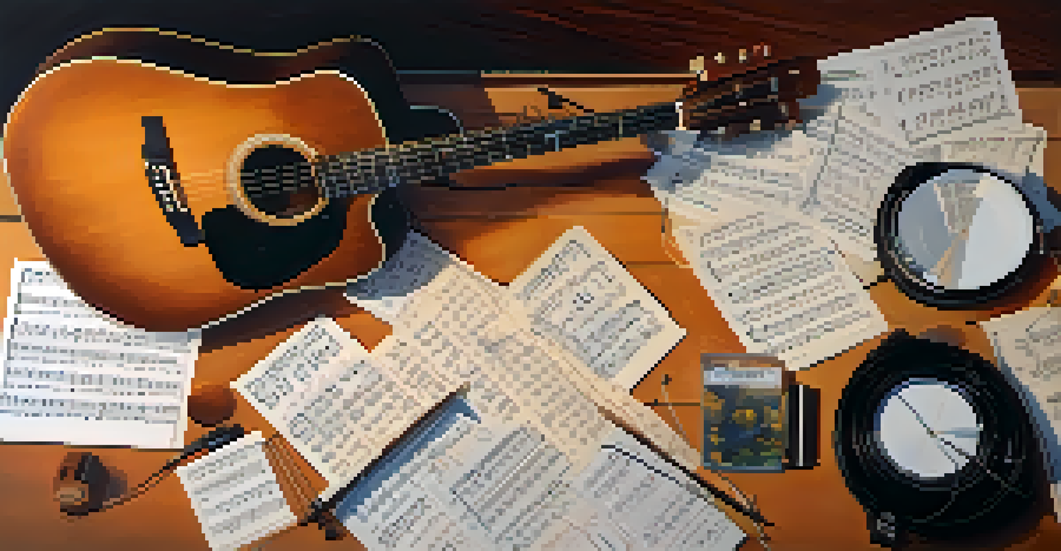 An overhead view of a musician's workspace with guitar sheets and a metronome.