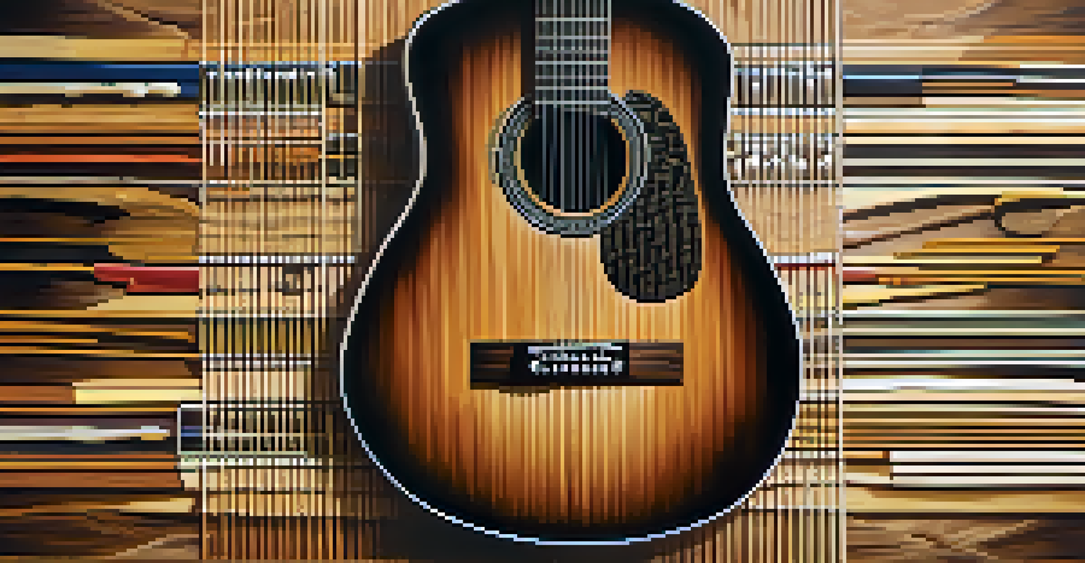 A guitar surrounded by visual representations of various playing techniques like vibrato and dynamics on a textured wooden background.