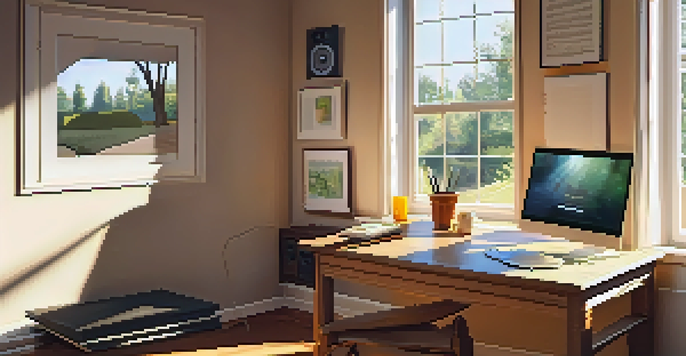 A cozy room set up for guitar transcription, with a laptop, sheets of music, a comfortable chair, and a warm sunlight ambiance.