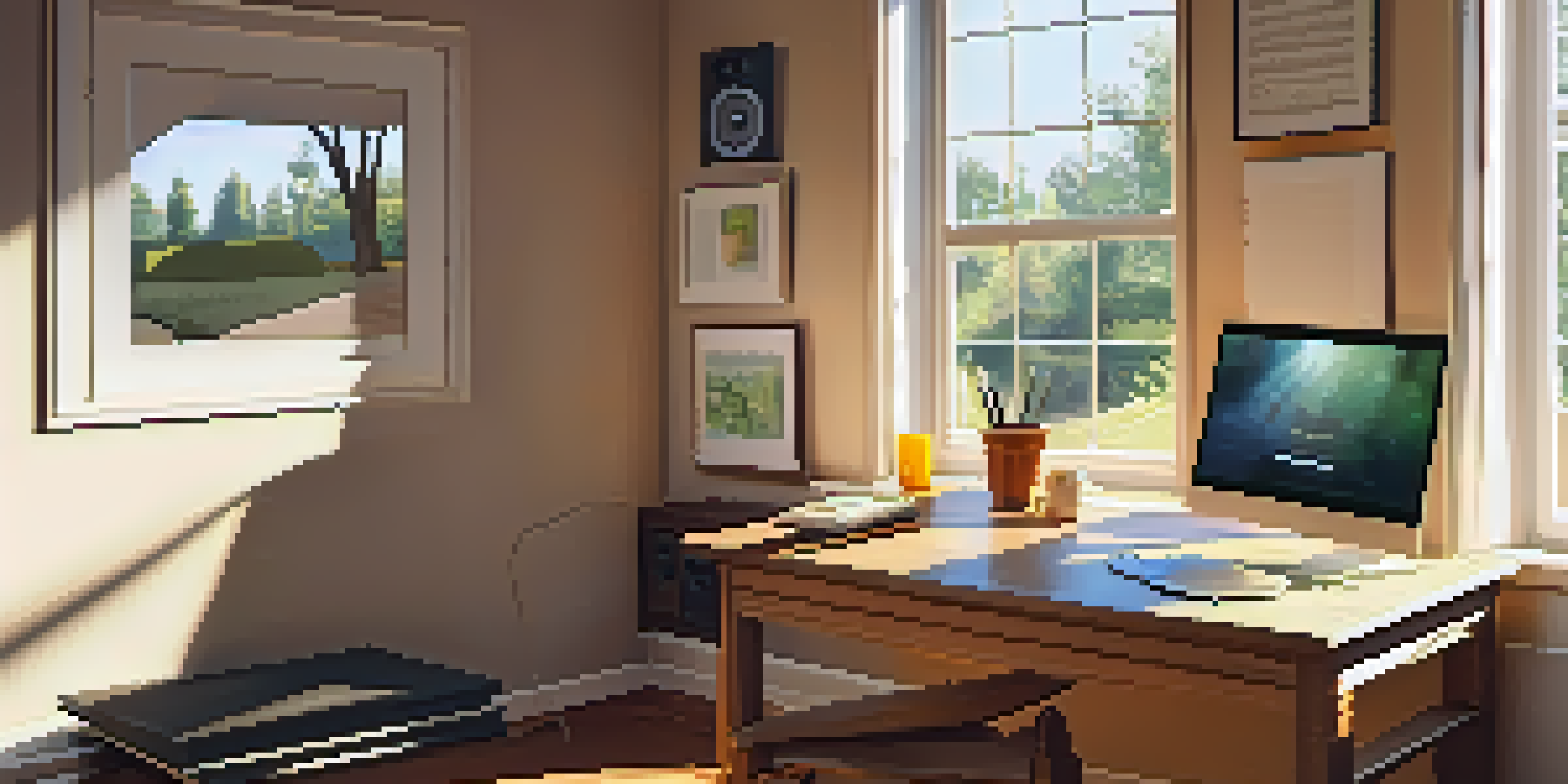 A cozy room set up for guitar transcription, with a laptop, sheets of music, a comfortable chair, and a warm sunlight ambiance.
