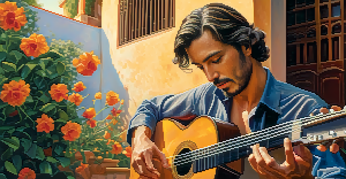 A Flamenco guitarist playing passionately in a colorful courtyard with flowers and tiles, illuminated by warm sunlight.