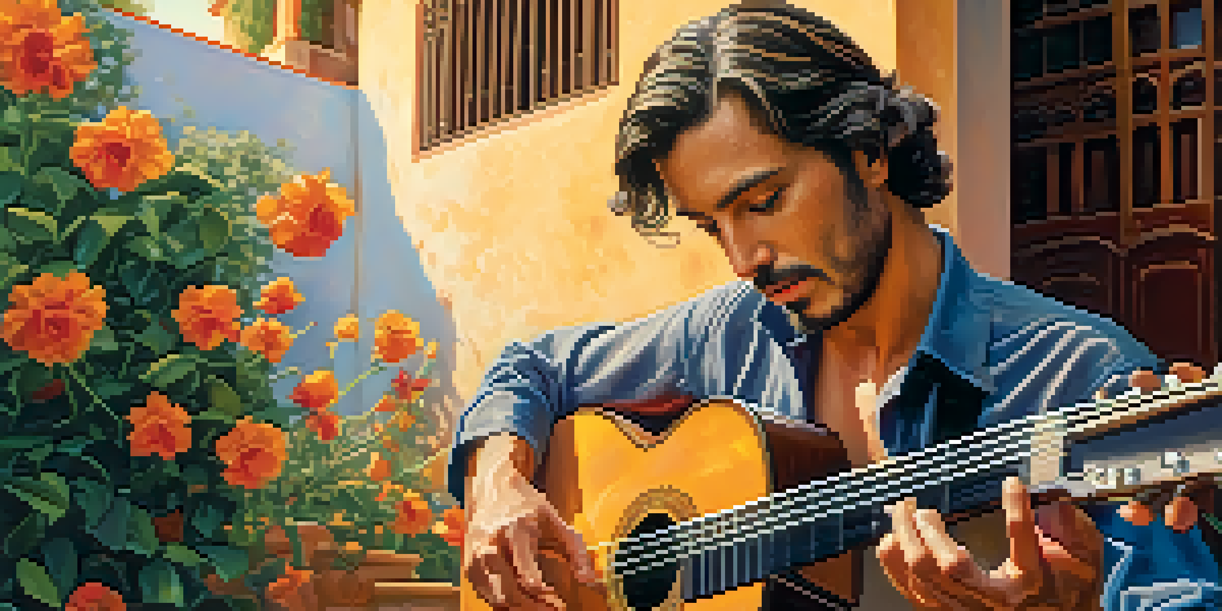A Flamenco guitarist playing passionately in a colorful courtyard with flowers and tiles, illuminated by warm sunlight.