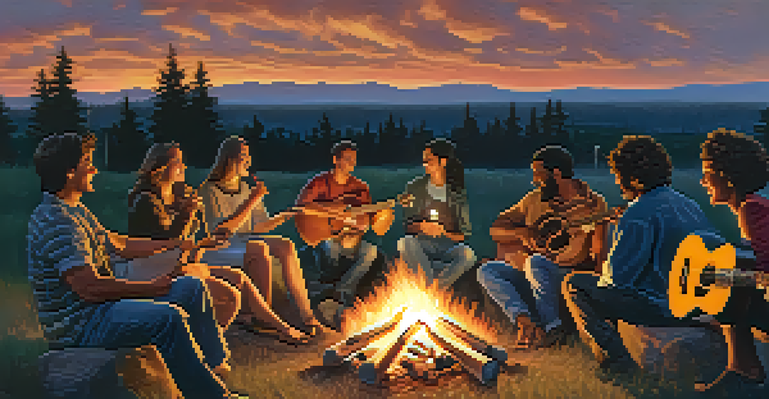 A group of friends enjoying music around a campfire at dusk, with one person playing guitar.