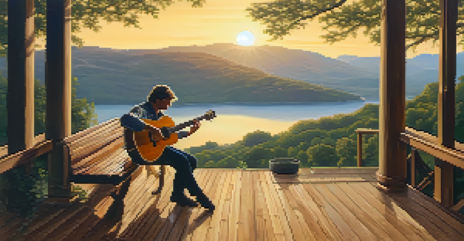 A musician sitting on a wooden porch playing an acoustic guitar during sunset, surrounded by greenery and hills, creating a serene atmosphere.