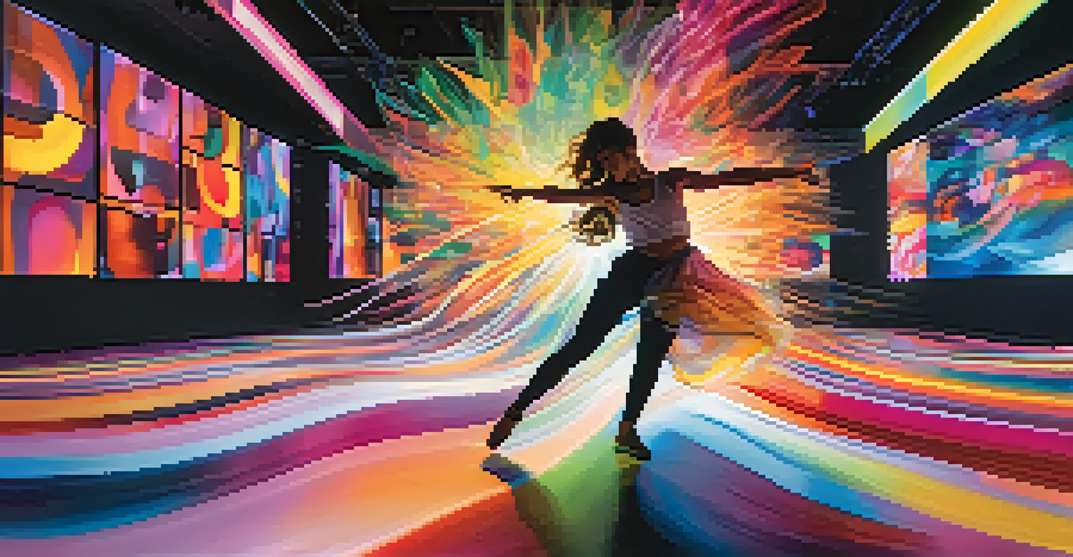 A modern dancer leaping in a digital environment with abstract visuals, accompanied by a guitarist playing an electric guitar.
