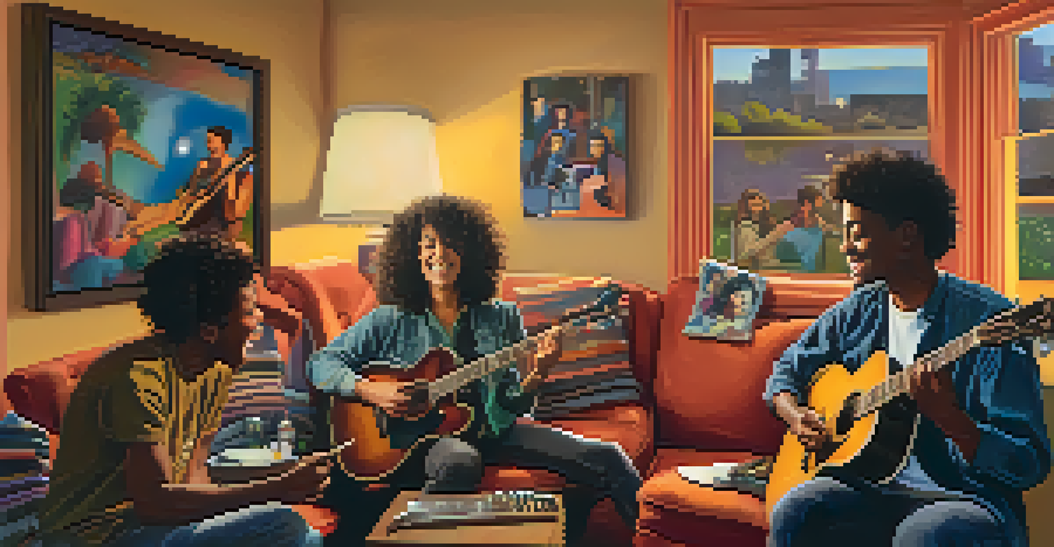 A small group of musicians playing together in a cozy living room filled with colorful band posters and warm lighting.