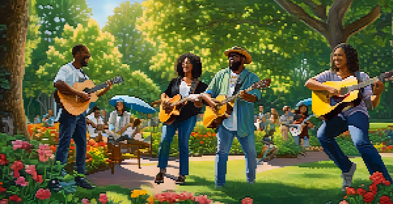 A diverse group of guitarists playing together in a park surrounded by greenery and colorful flowers.