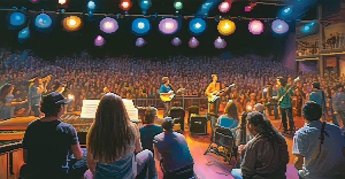 A lively local guitar competition featuring musicians on stage with a colorful light display and an enthusiastic audience.