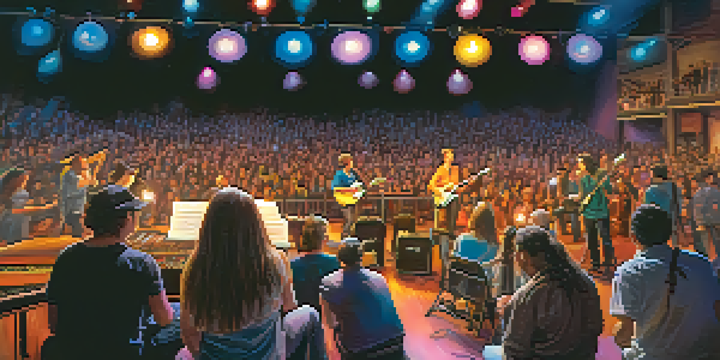 A lively local guitar competition featuring musicians on stage with a colorful light display and an enthusiastic audience.