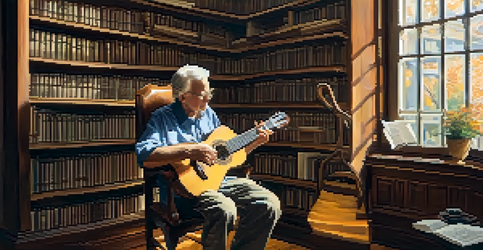 An elderly man playing a classical guitar in a well-lit room filled with bookshelves and warm decor.