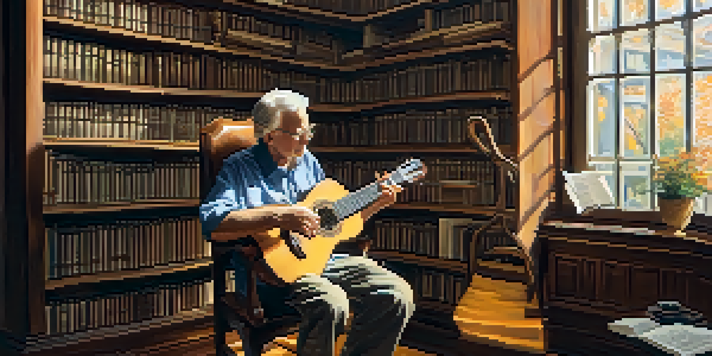 An elderly man playing a classical guitar in a well-lit room filled with bookshelves and warm decor.