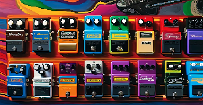A detailed view of a colorful guitar pedalboard with various guitar pedals arranged neatly, illuminated by soft ambient light.