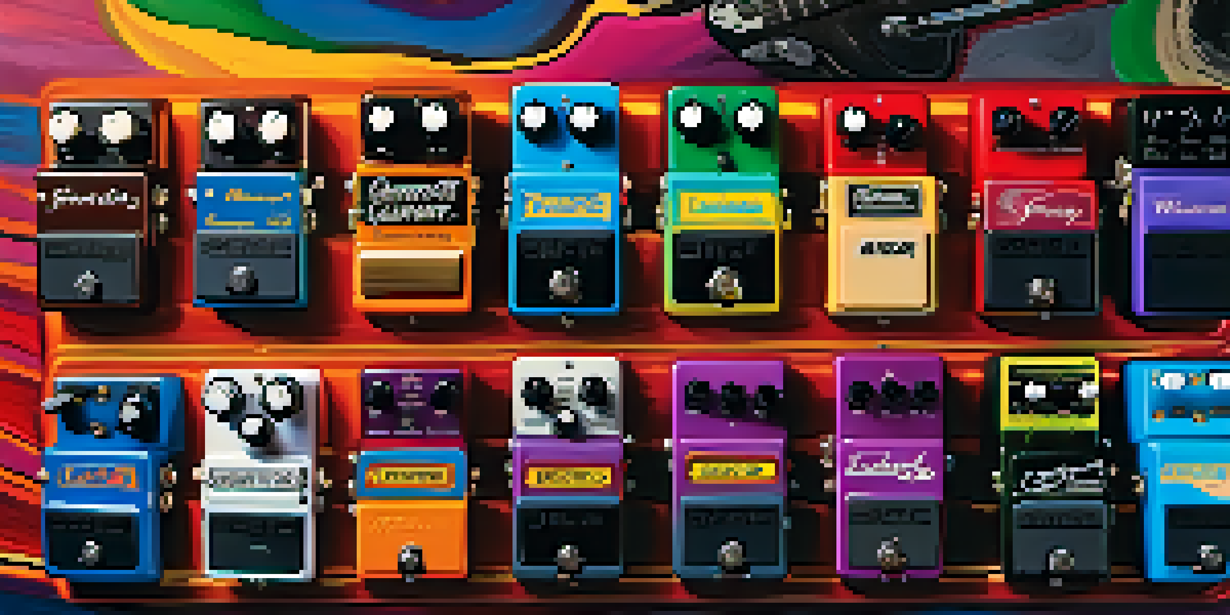 A detailed view of a colorful guitar pedalboard with various guitar pedals arranged neatly, illuminated by soft ambient light.