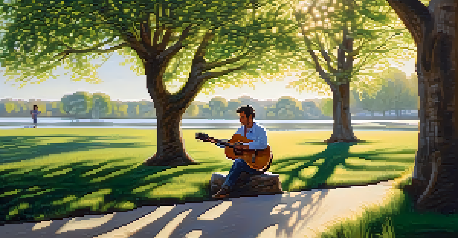 A musician playing guitar under a tree in a park, with sunlight filtering through leaves and patterns on the grass.