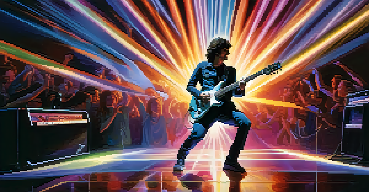 A guitarist performing on stage under colorful lights, with effects pedals illuminated, creating an energetic atmosphere.