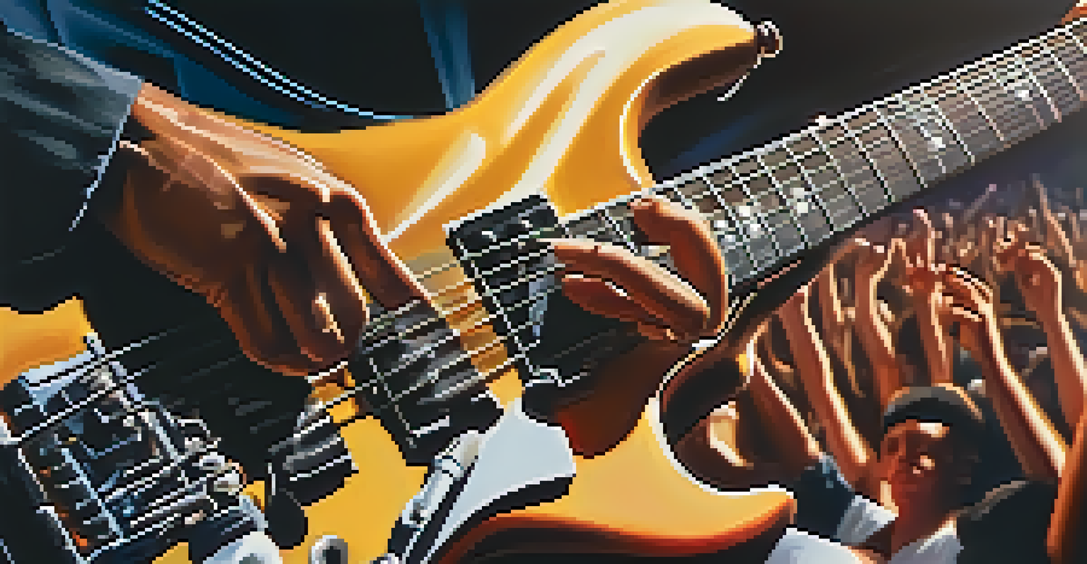 A musician playing an electric guitar on stage with colorful lights and an excited crowd in the background.