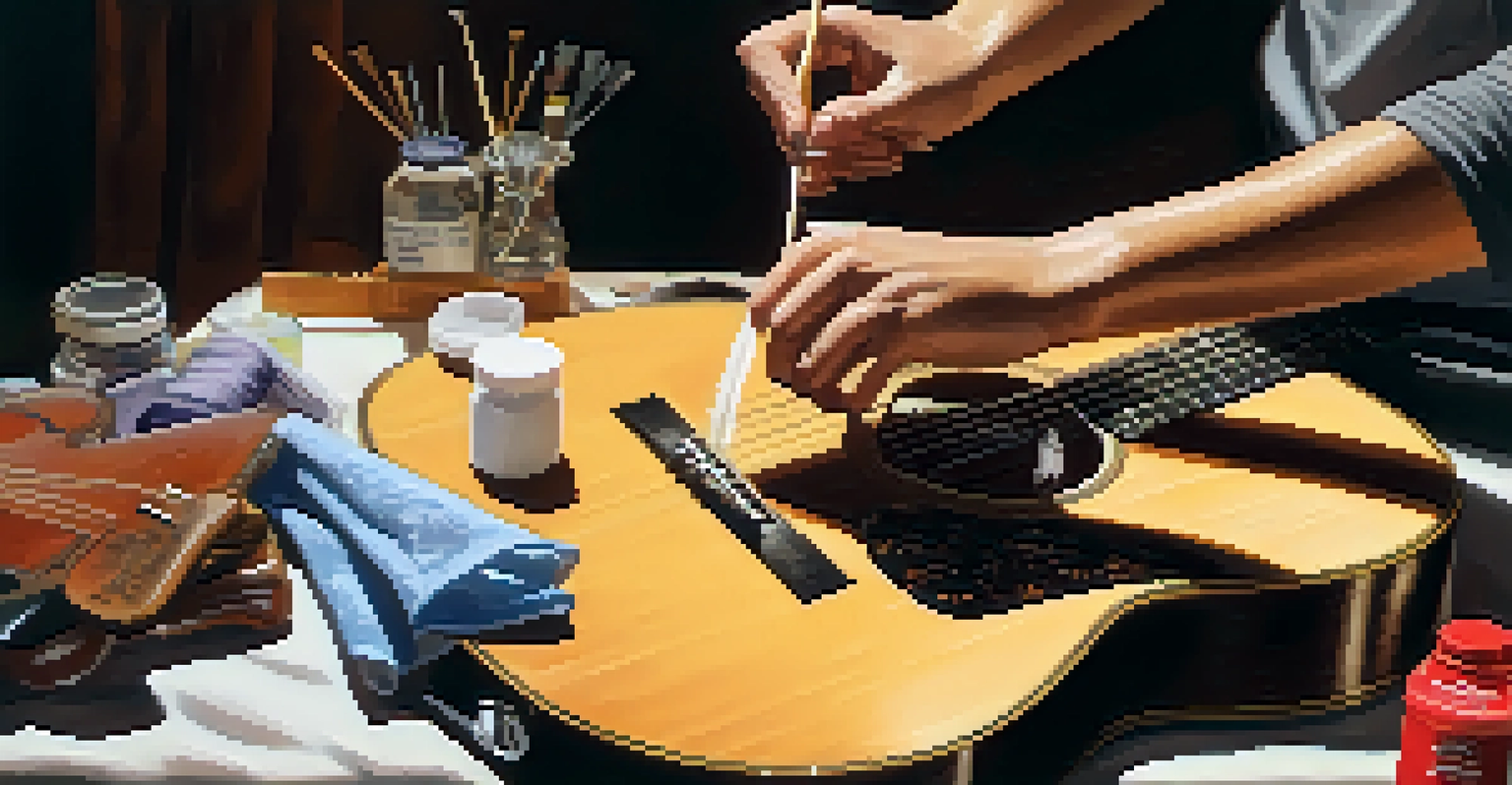 A musician cleaning guitar strings with a cloth, surrounded by cleaning supplies on a table.