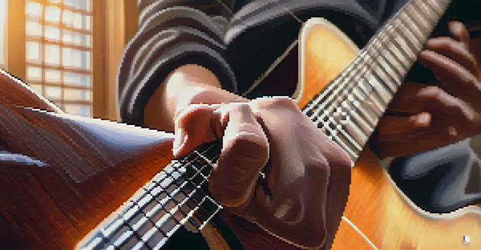 A close-up of a guitarist's hands playing an acoustic guitar, with soft sunlight illuminating the scene.