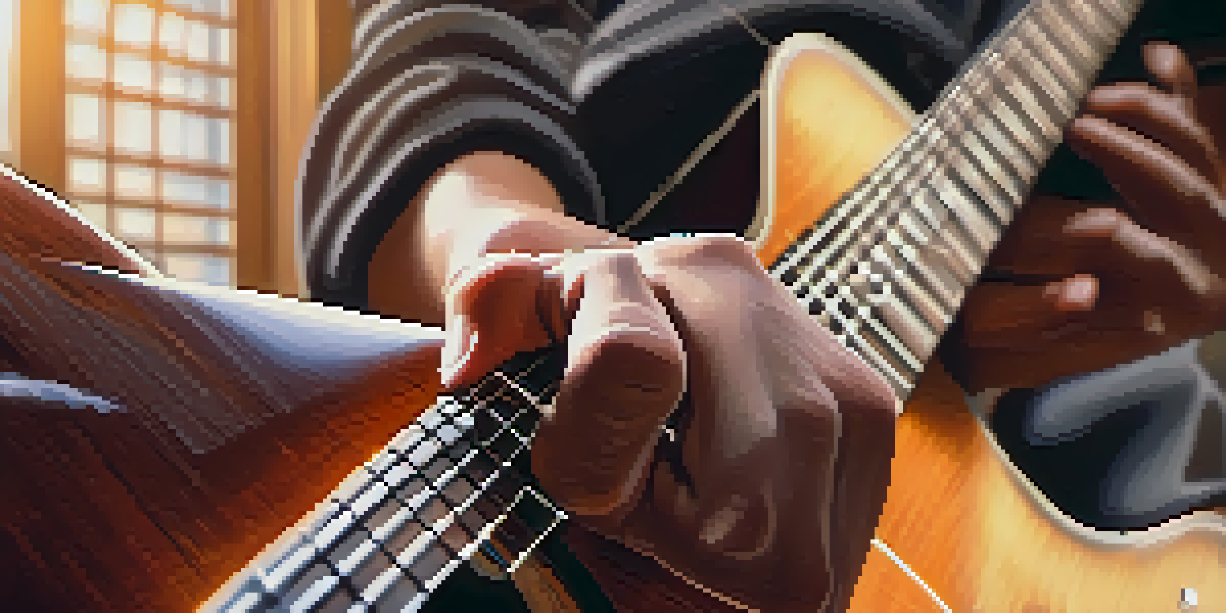 A close-up of a guitarist's hands playing an acoustic guitar, with soft sunlight illuminating the scene.