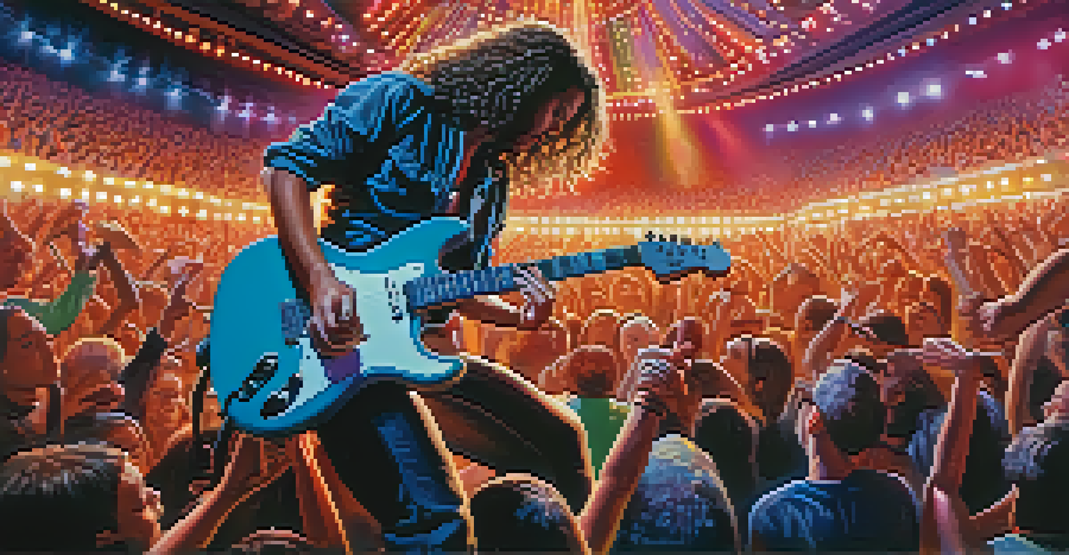 An electric guitarist performing on stage at a rock concert, with colorful lights and an excited audience in the background.