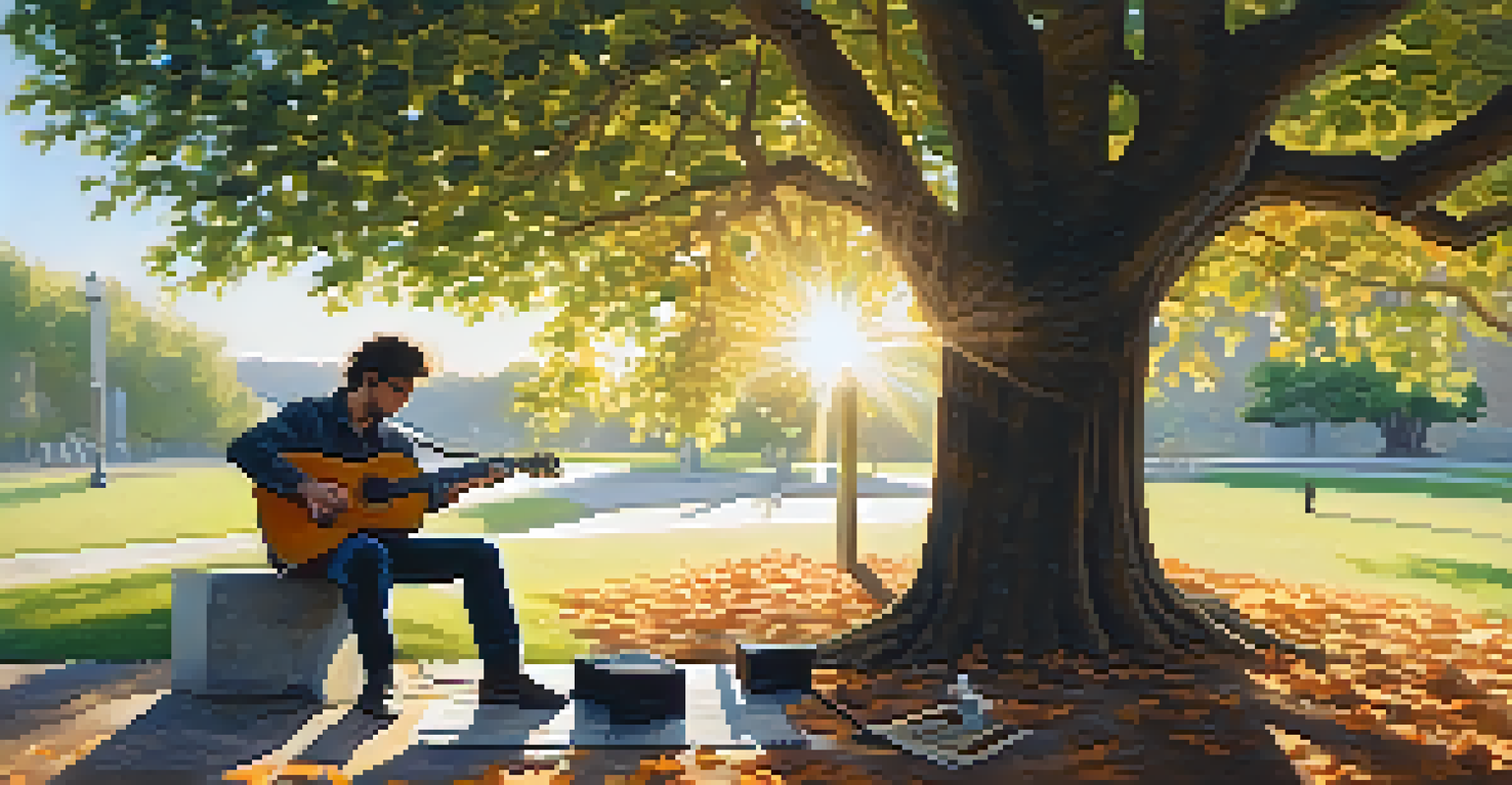 A musician playing an acoustic guitar under a tree in a park, with sunlight filtering through the leaves and sheet music beside them.