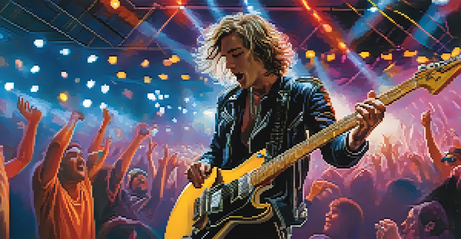 An electric guitarist performing energetically on stage, illuminated by colorful lights with an enthusiastic audience in the background.