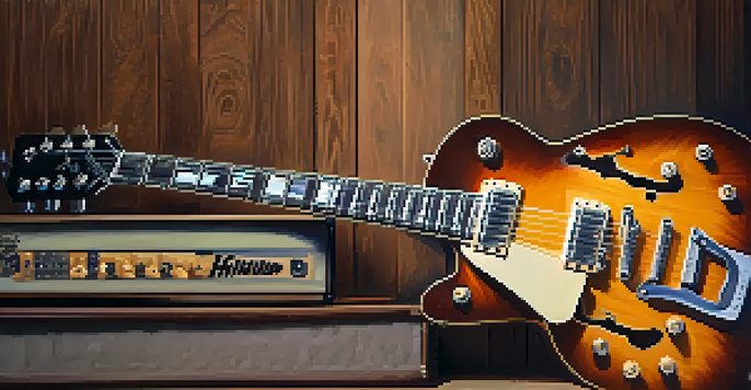 A close-up of a vintage electric guitar with a sunburst finish against a softly lit background.