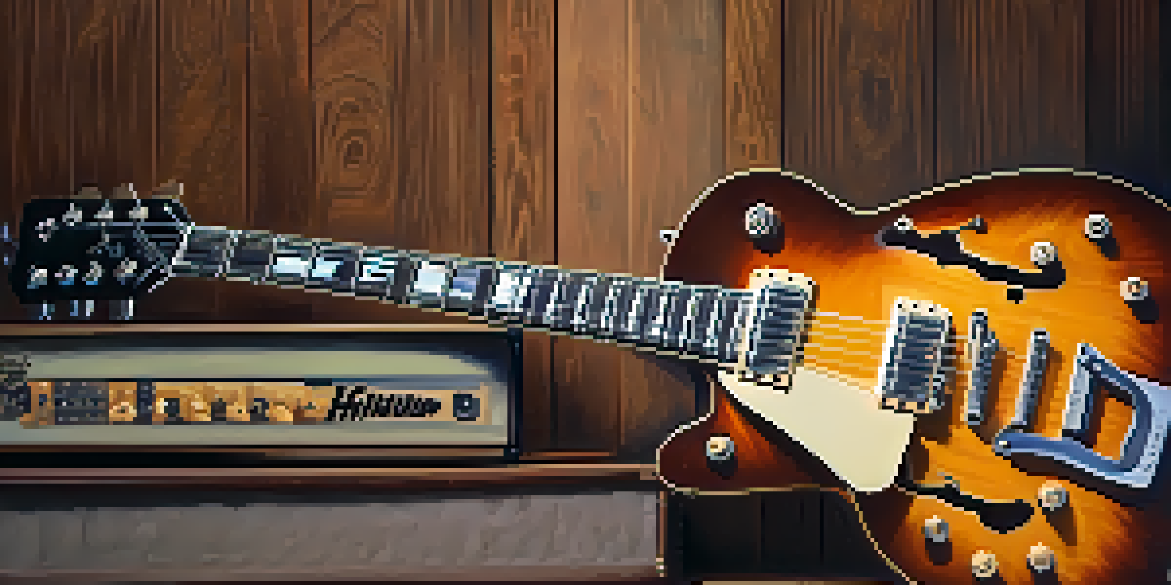 A close-up of a vintage electric guitar with a sunburst finish against a softly lit background.