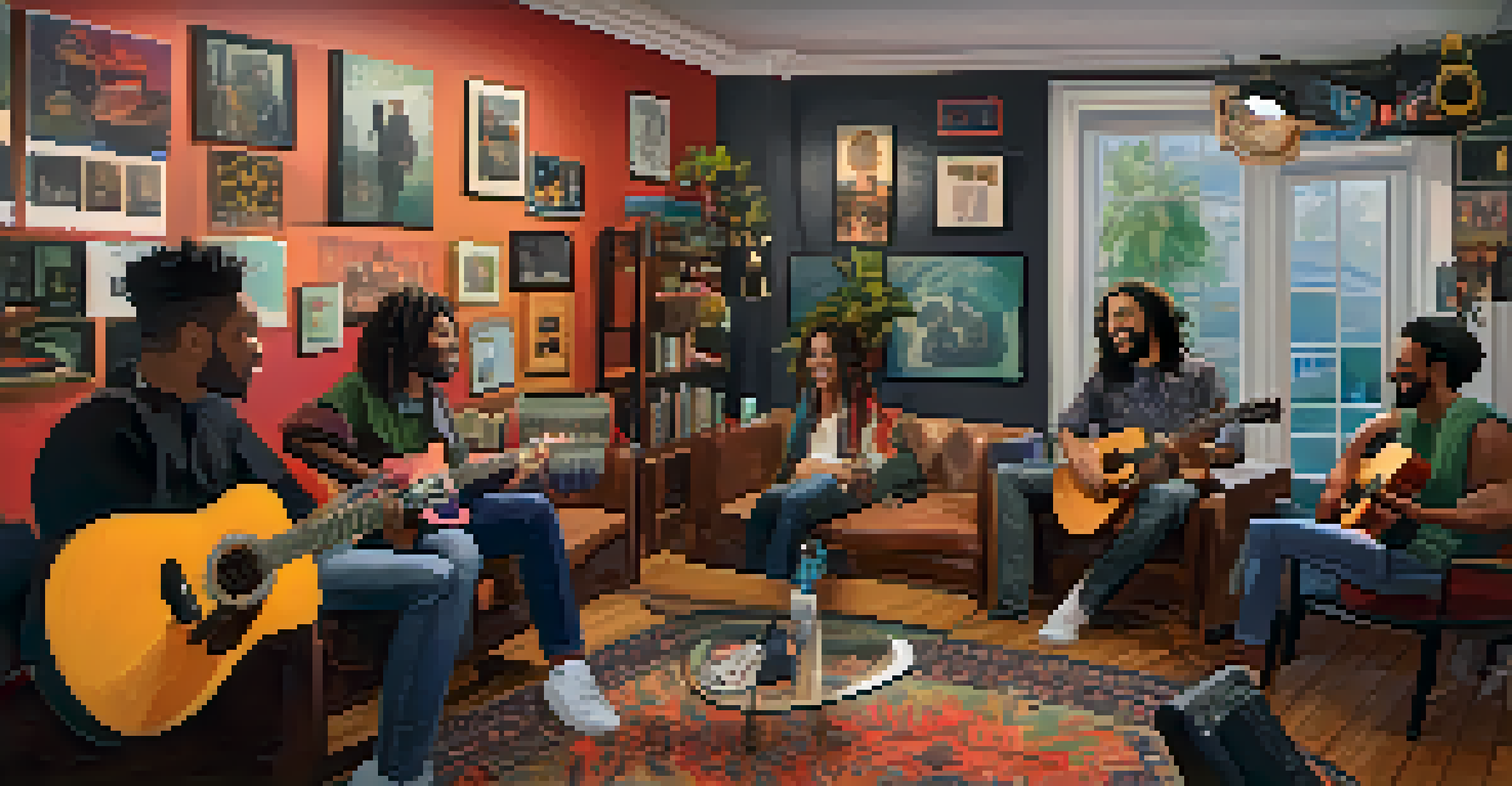 A video conference with multiple guitarists in their home environments, all playing guitar and smiling during a virtual jam session.