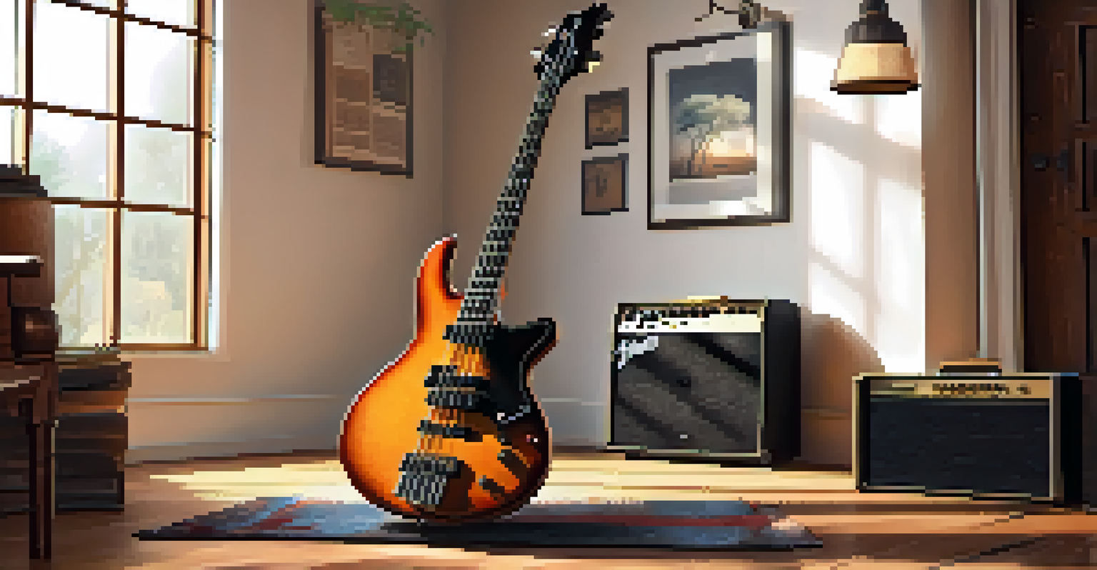 A bass guitar and vintage amplifier in a sunlit practice room, with scattered sheet music on the floor.
