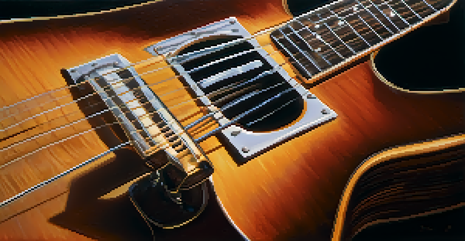 A close-up of a guitar neck and fretboard, highlighting the rosewood texture and curvature, set against a blurred backdrop of musical notes.