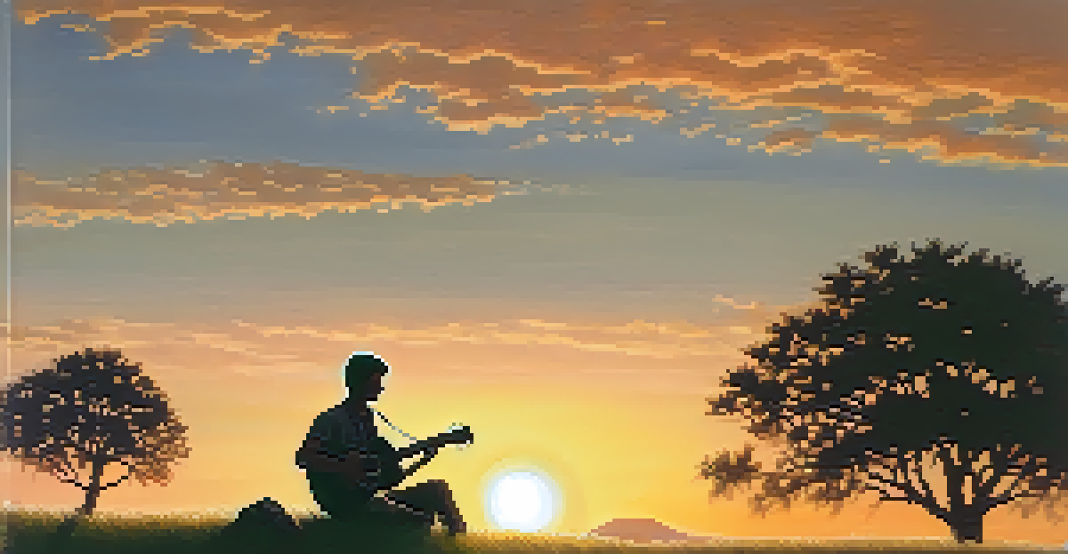 A guitarist sitting on a grassy hill at sunset, with a warm-colored sky creating a peaceful and creative atmosphere.
