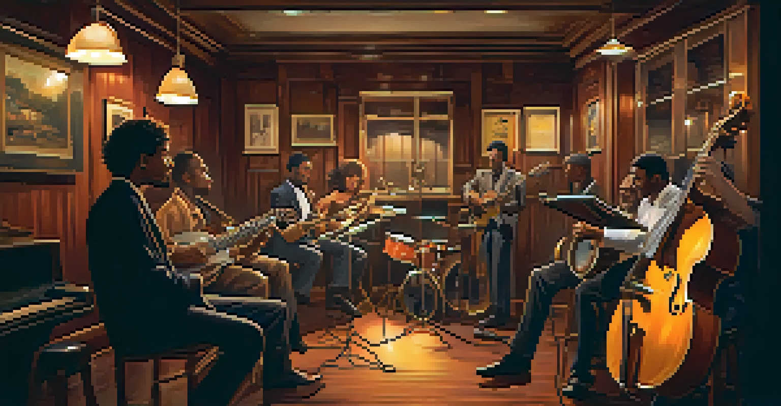 A cozy jazz jam session with a guitarist, bassist, and drummer in a warmly lit lounge.